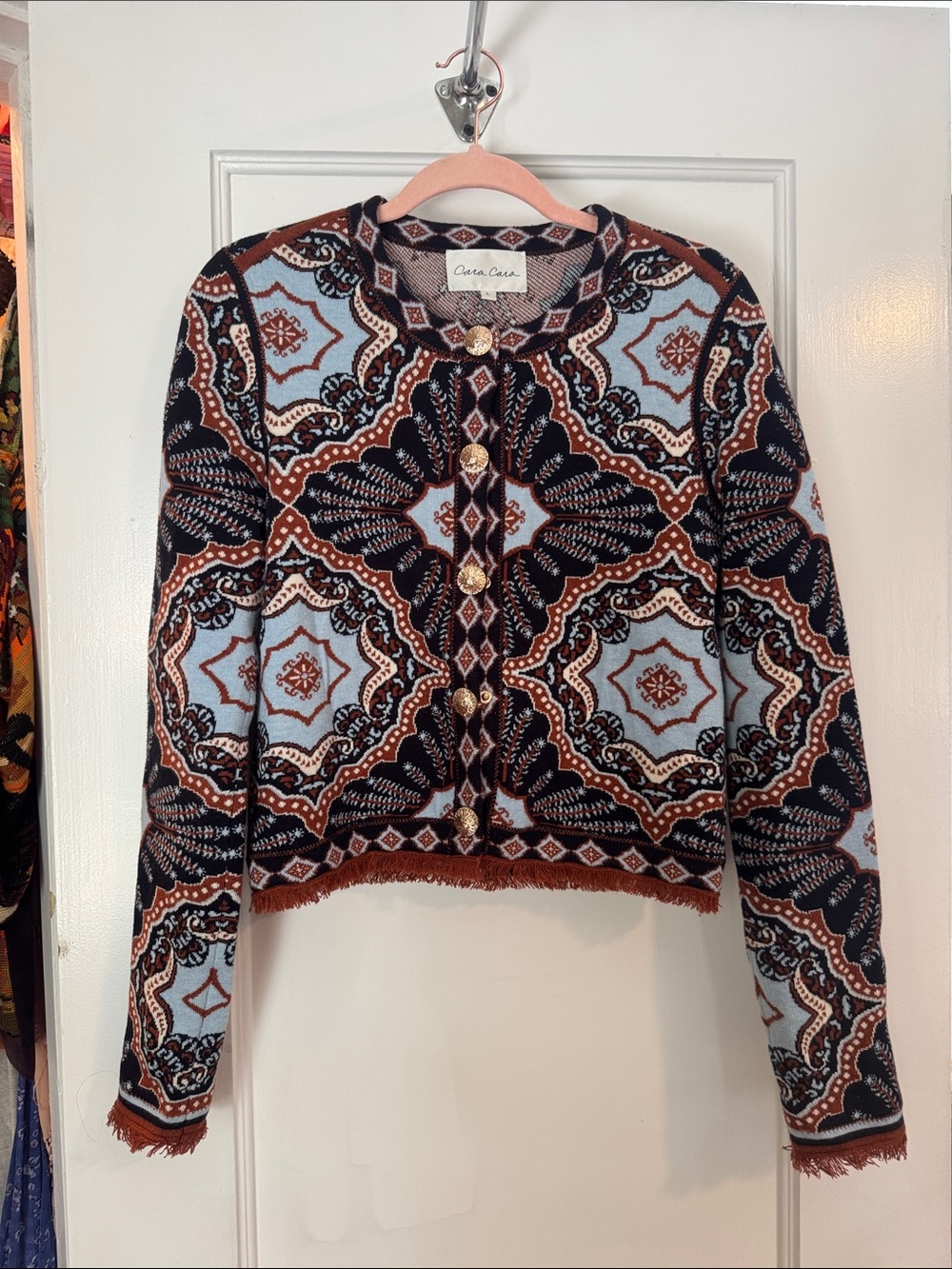 Cara Cara Blue Black Brown Geometric Cropped Cardigan